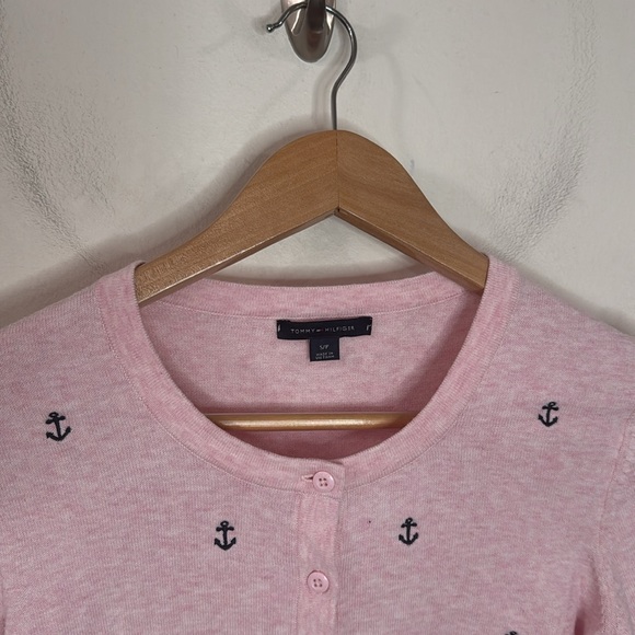 Tommy Hilfiger Light Pink Cardigan Navy Scattered Anchors print Size S - Picture 4 of 11